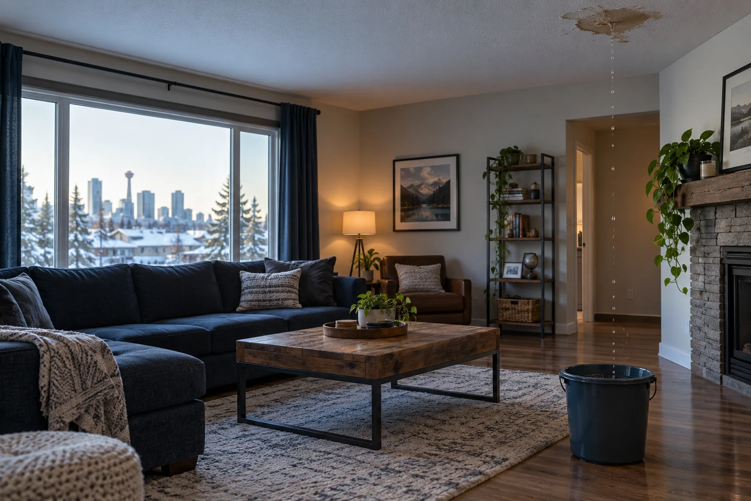 Illustrative ceiling leak dripping into a bucket in a Calgary-style living room