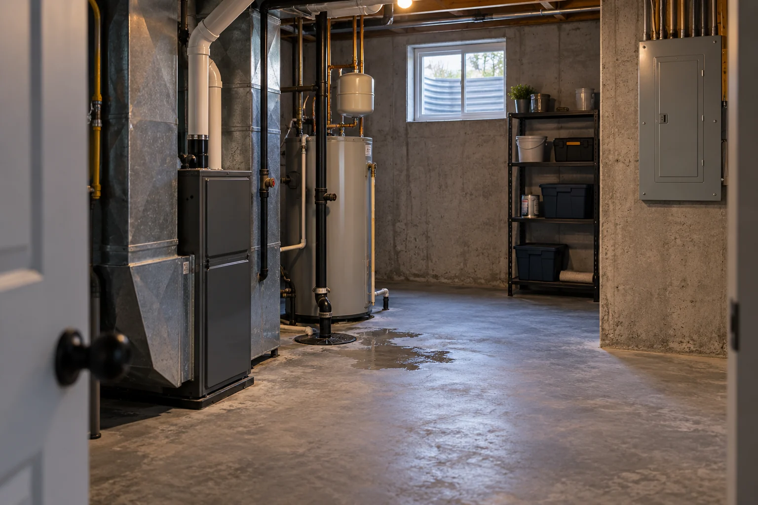 Illustrative basement damp floor viewed from a dry doorway, away from a closed electrical panel