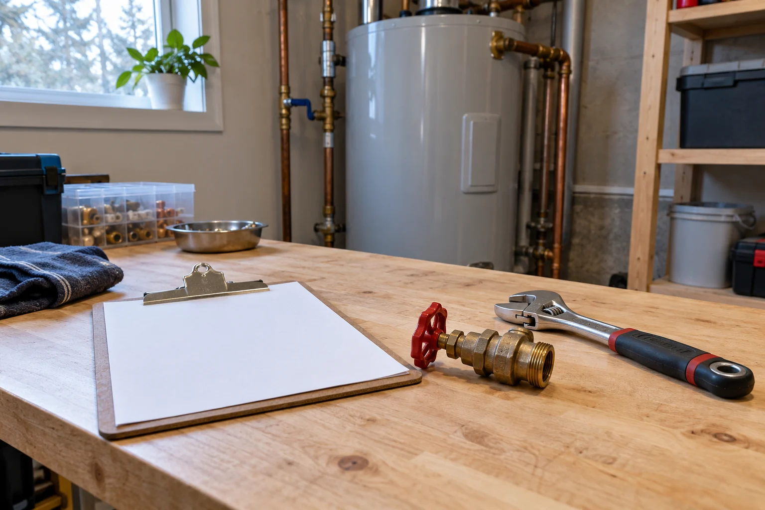Illustrative blank clipboard, replacement valve and wrench on a utility workbench