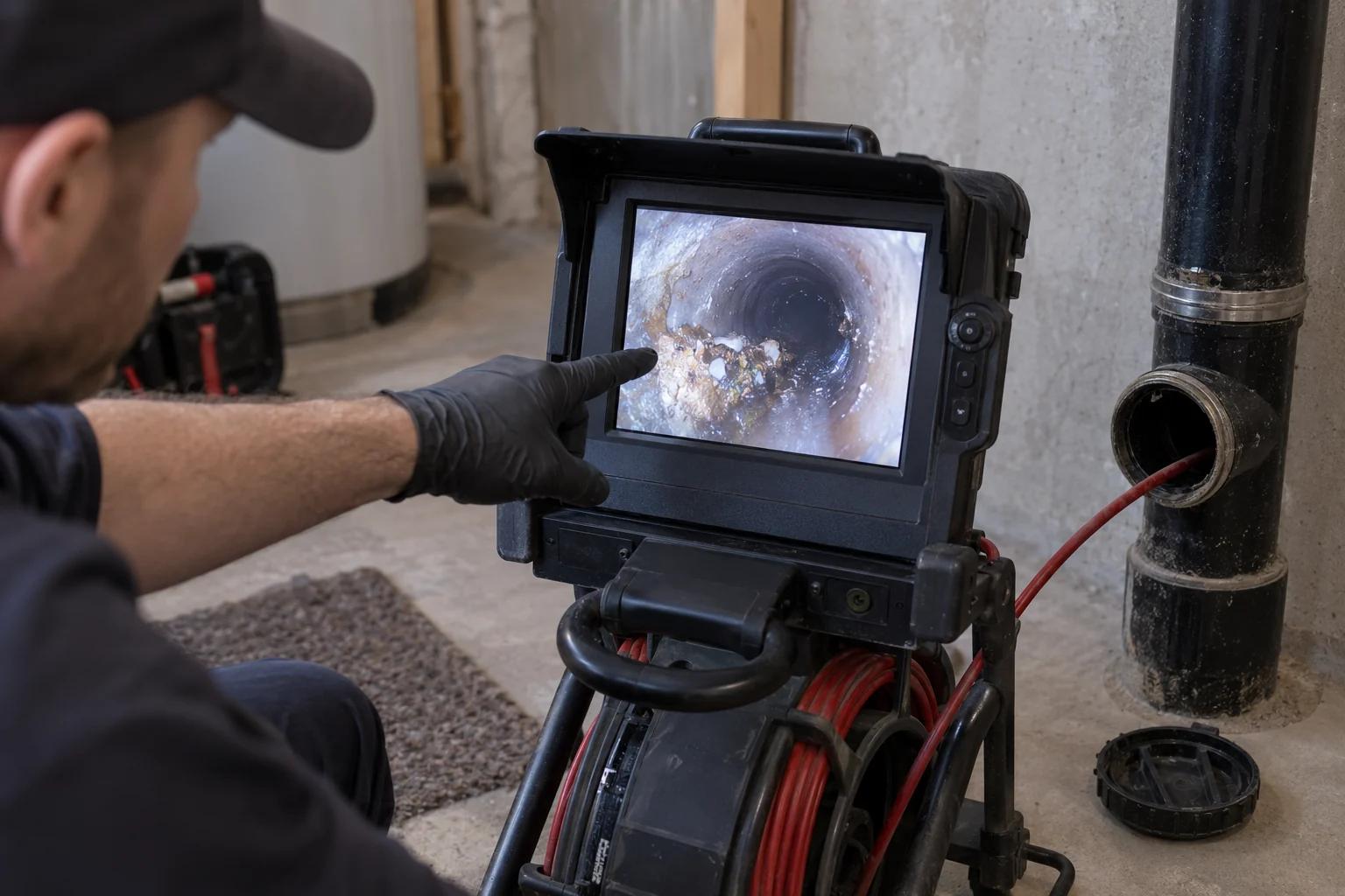 Technician pointing to a limited sewer-pipe view on an inspection monitor