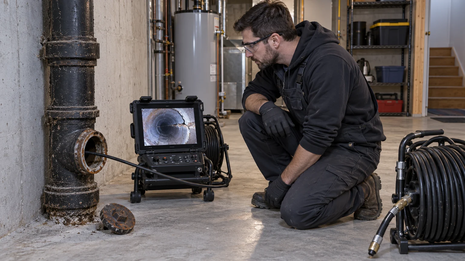 Plumber checking sewer camera footage of a damaged pipe before cleaning