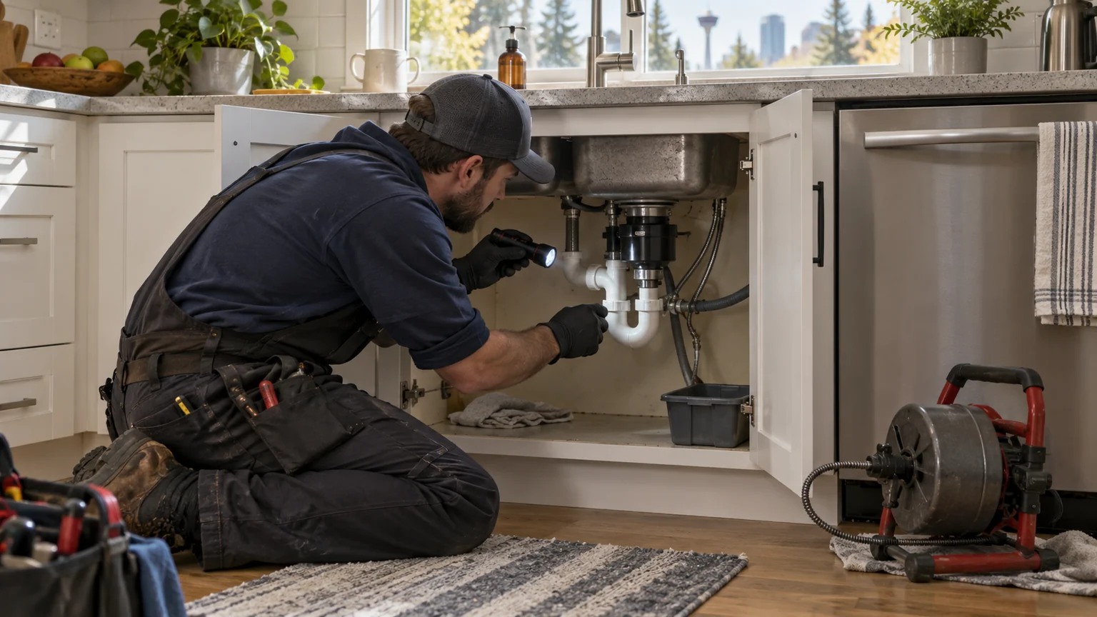 Plumber inspecting a kitchen sink trap after a recurring blockage
