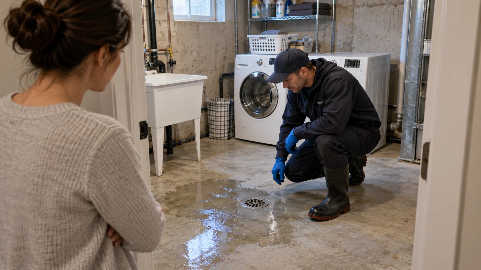 Plumber assessing modest water at a basement floor drain from a safe dry threshold