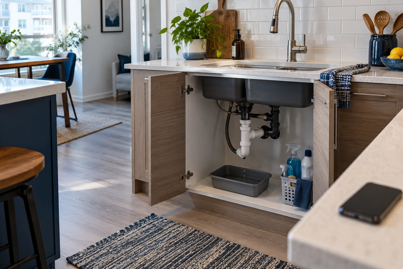 Illustrative apartment kitchen with a contained sink-drain drip and phone on a dry counter