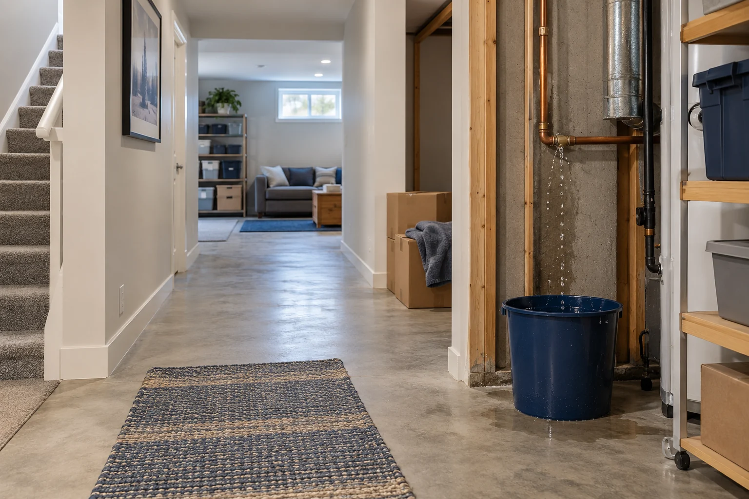 Illustrative clear basement access to a pipe leak dripping into a bucket