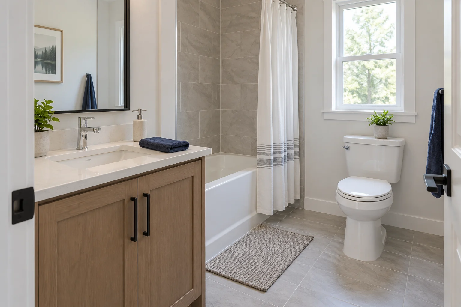 Illustrative clean bathroom with sink faucet off, closed vanity and complete toilet
