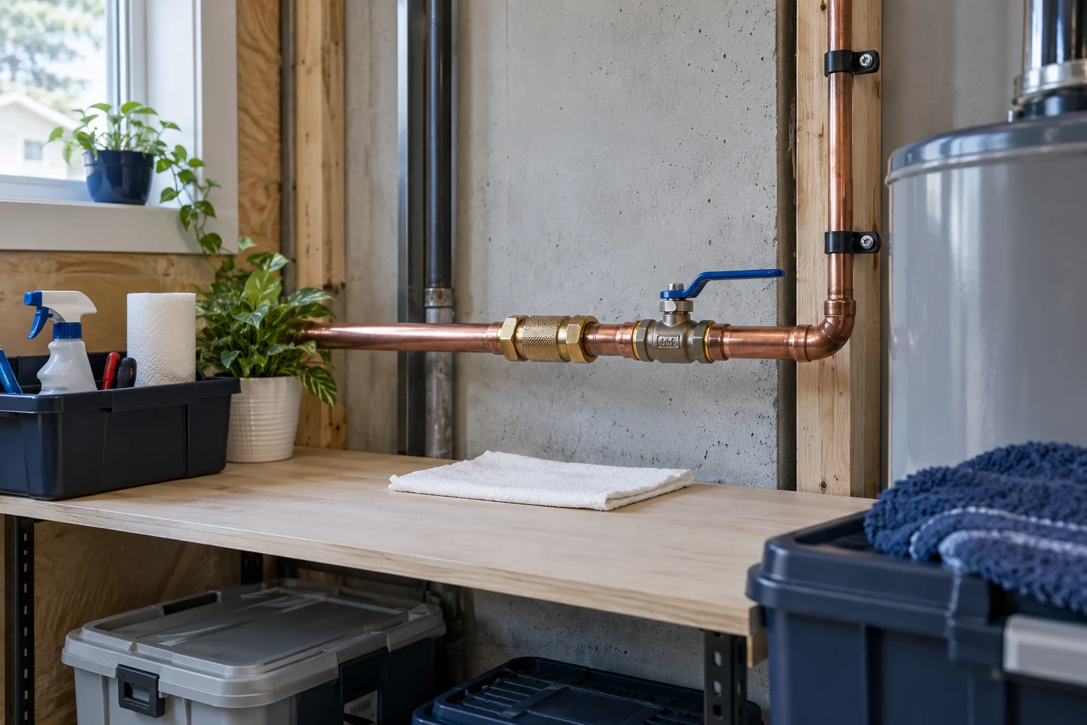 Illustrative repaired copper water connection and blue shutoff lever with dry towel below