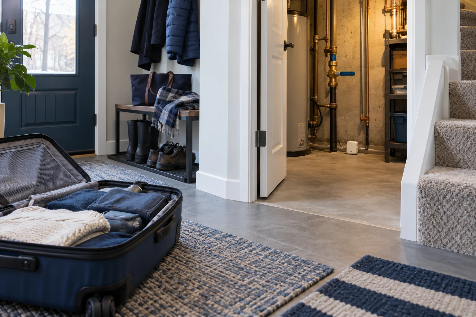 Illustrative Packed suitcase near a dry entrance and a water sensor beside utility plumbing