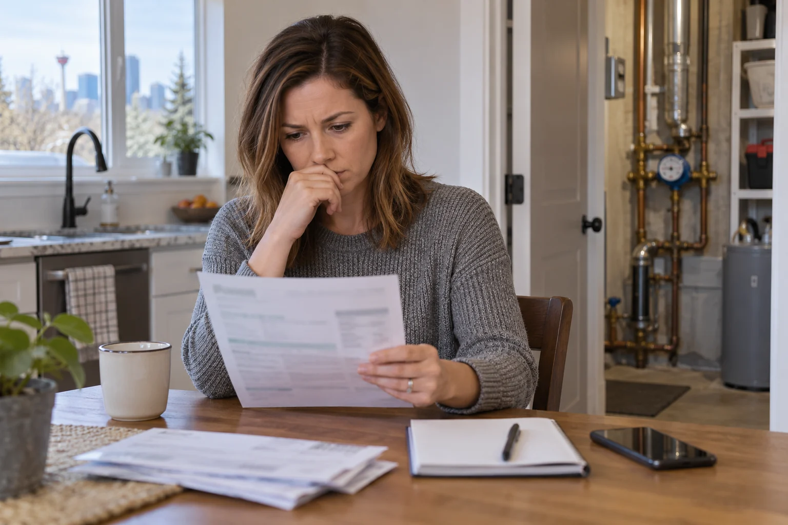 Homeowner reviewing a utility statement near household plumbing