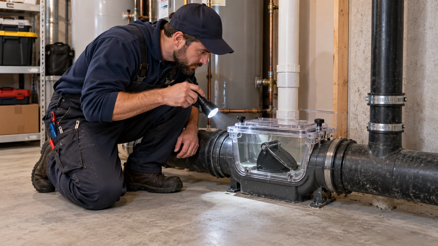 Plumber examining a basement backwater valve through its clear cover