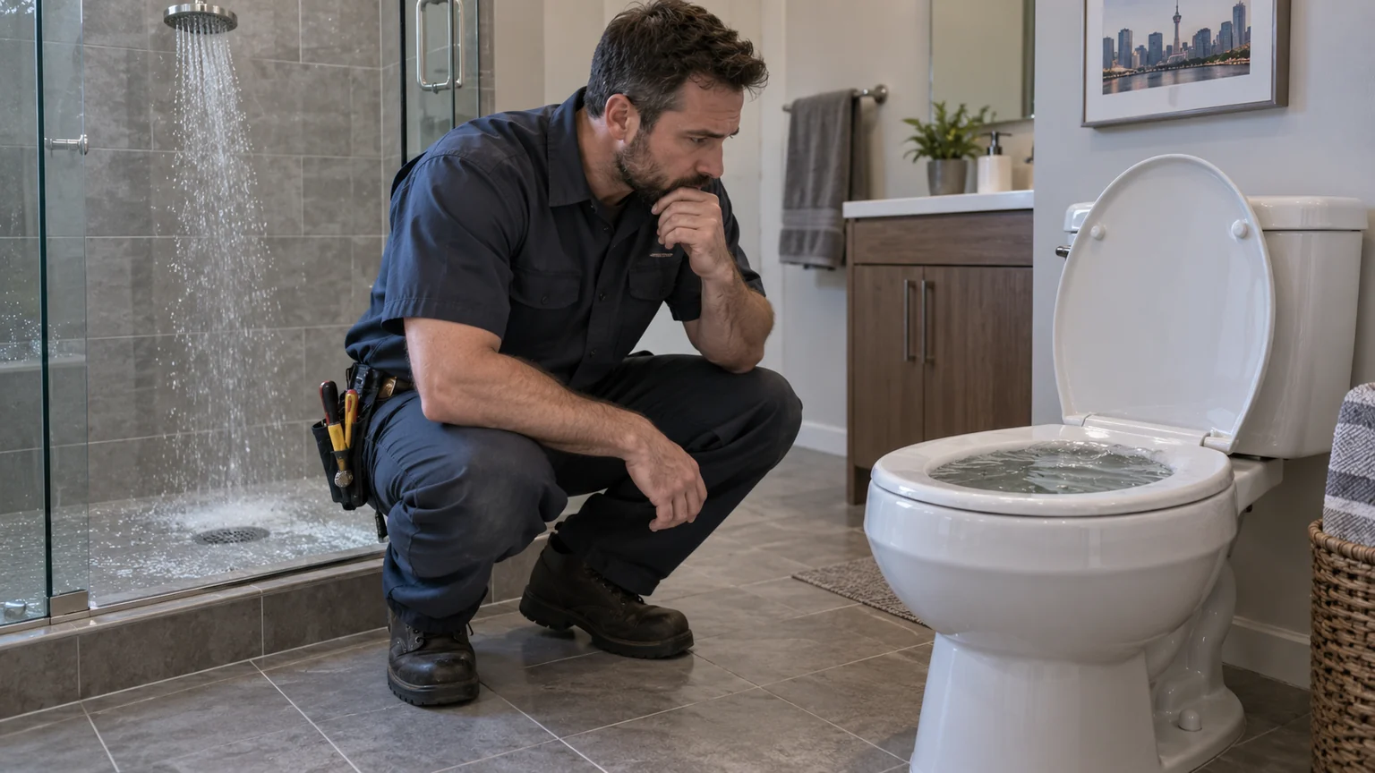Plumber examining high toilet bowl water while nearby shower runs