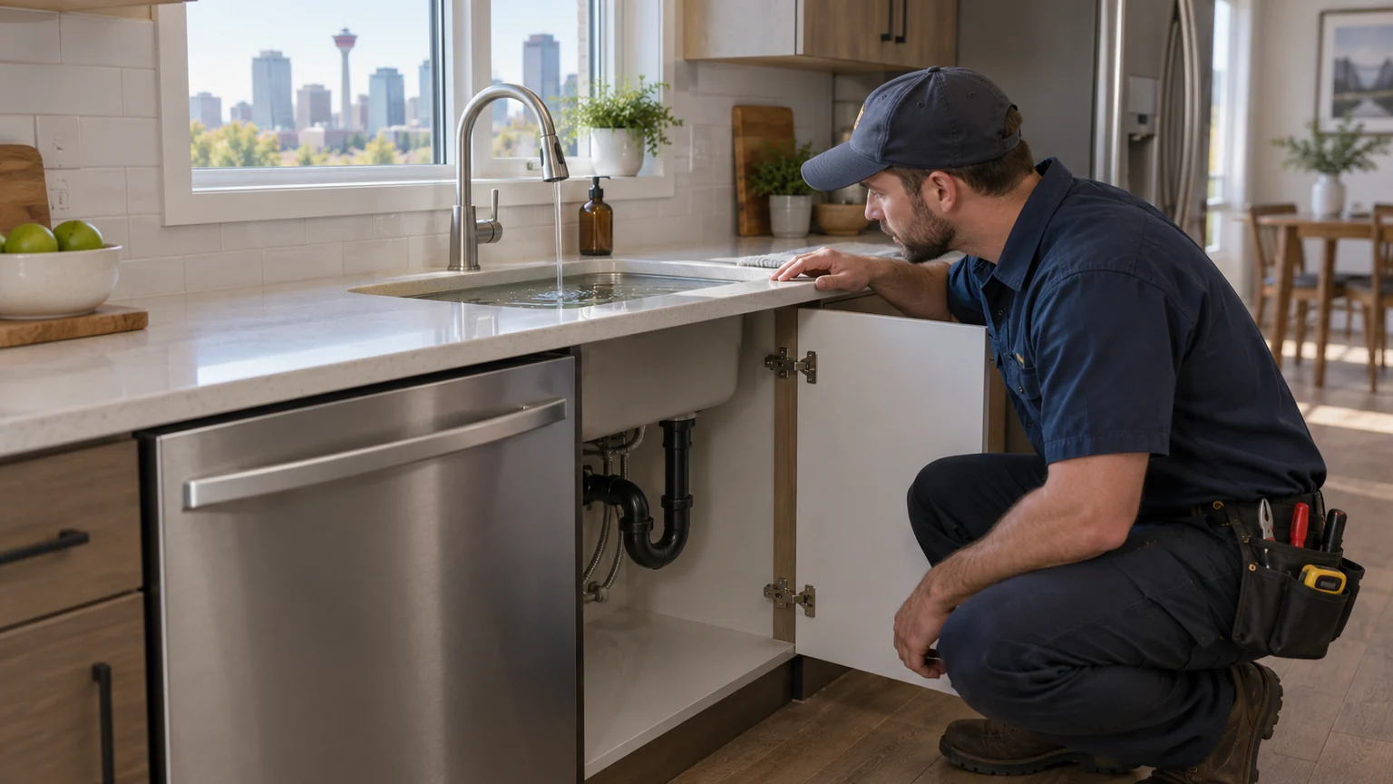 Plumber checking kitchen sink drain beside dishwasher
