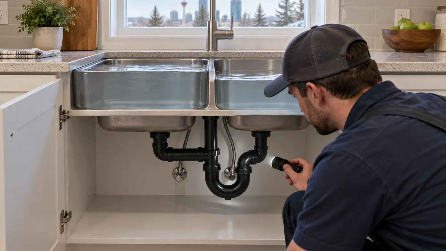 Plumber inspecting shared drain under full double kitchen sink