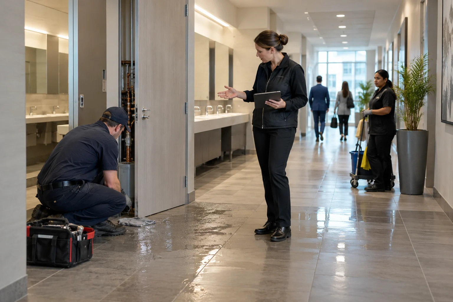 Illustrative Calgary a commercial washroom corridor with a modest visible plumbing leak at a closed utility closet and a facility manager coordinating response