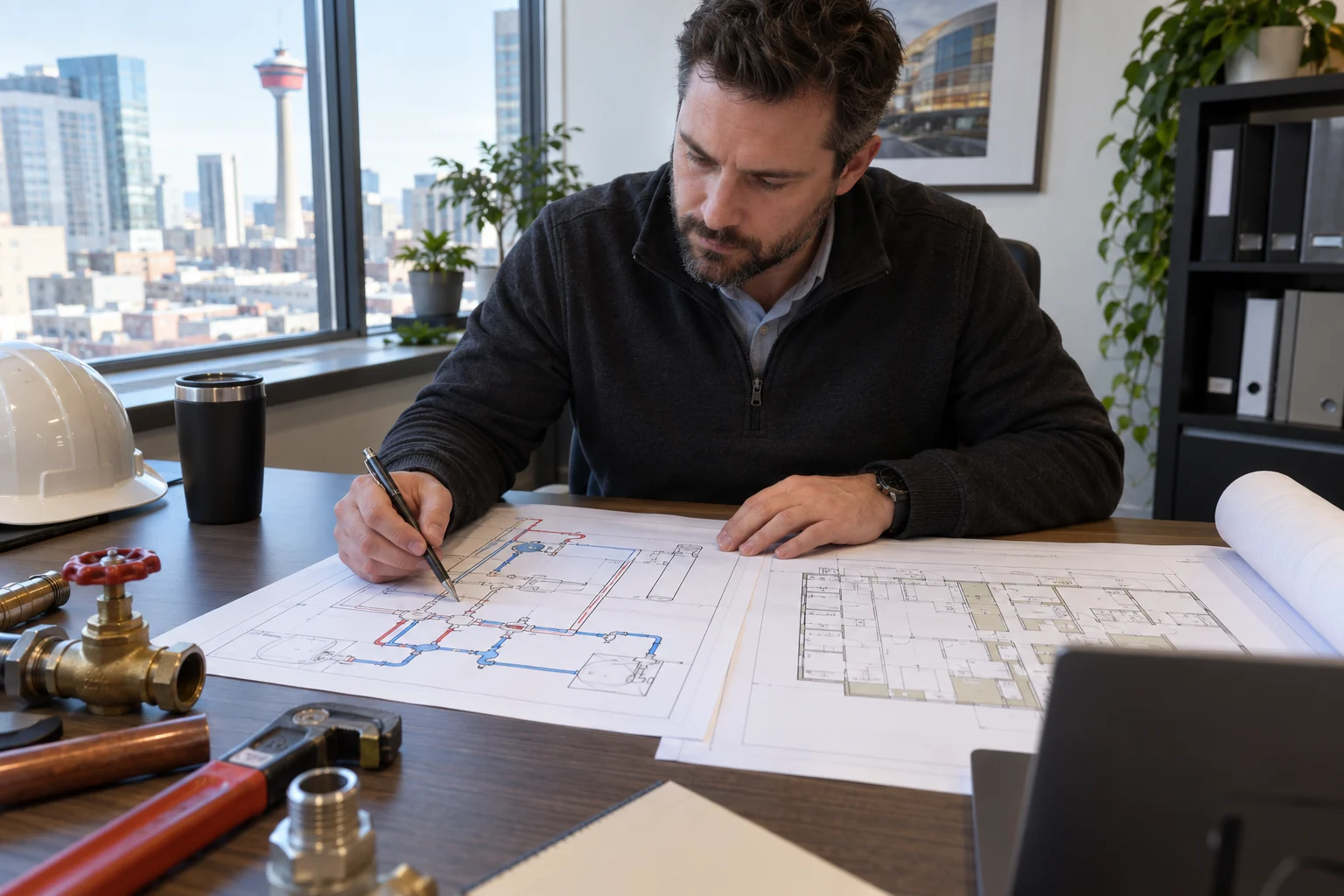Illustrative Calgary a facility manager at a desk reviewing a simple unlabelled emergency plumbing plan beside a building floor map with no legible text