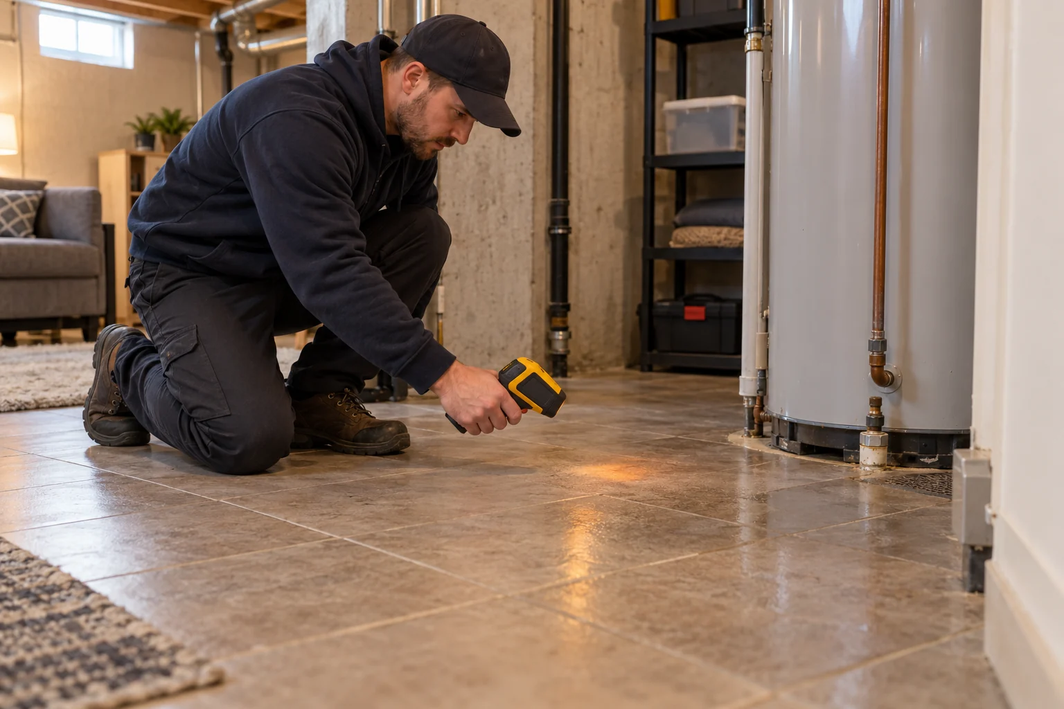 Technician scanning a tiled basement floor for a warm area