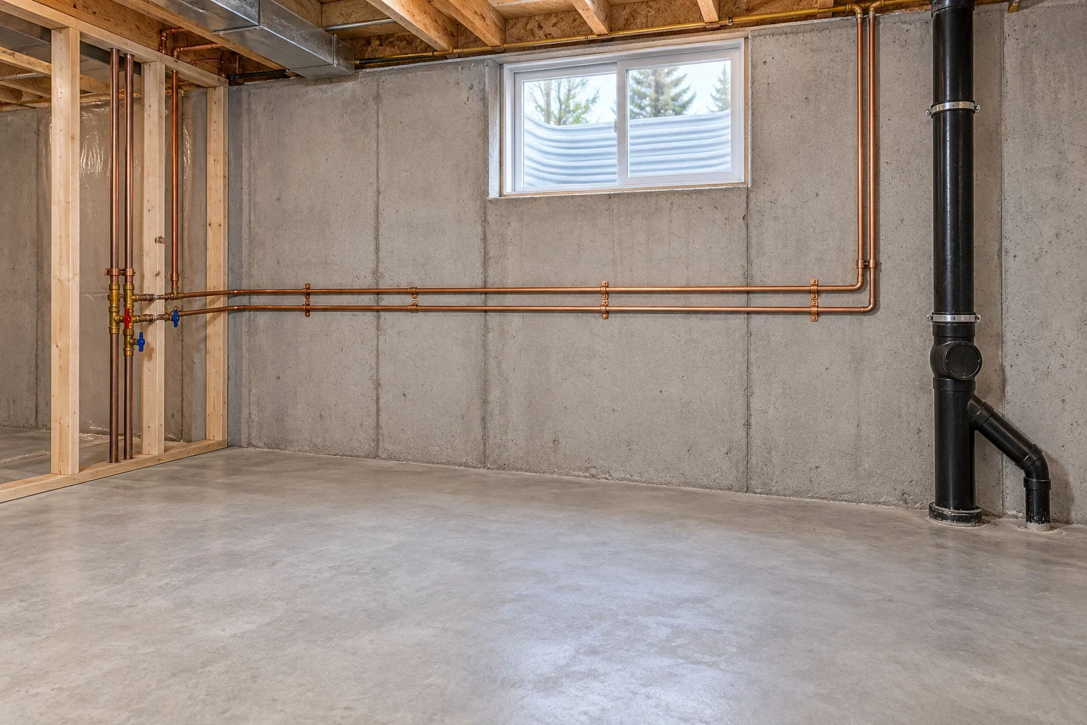Exposed copper supply pipes routed along a basement wall above a dry concrete floor
