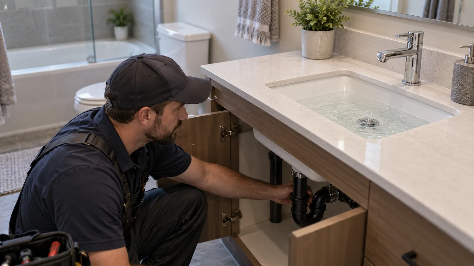 Plumber inspecting bathroom sink with water rising despite closed tap