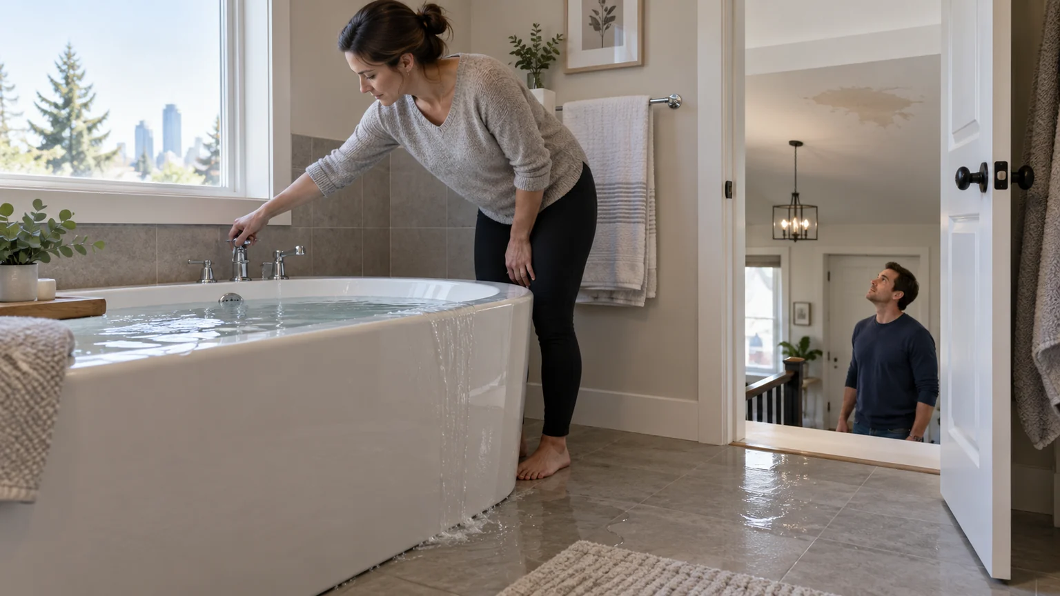 Homeowner stopping bathtub flow while water spills and ceiling below stains