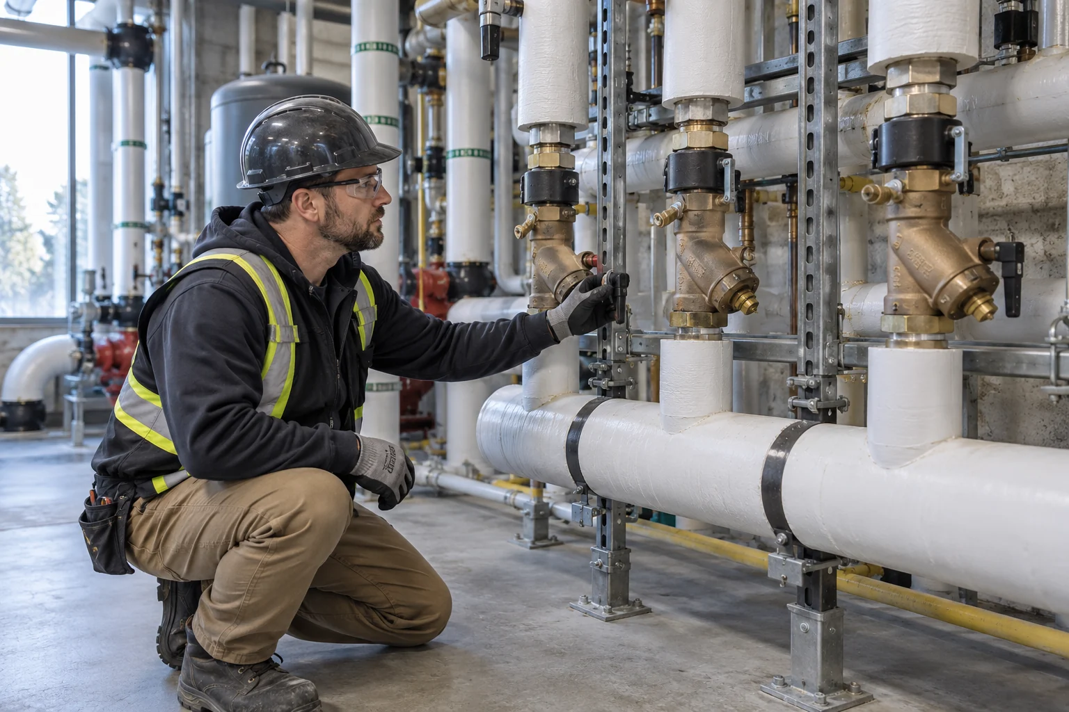 Illustrative Calgary commercial mechanical room with labelled-looking but text-free branch piping and a plumber assessing a valve that serves one tenant