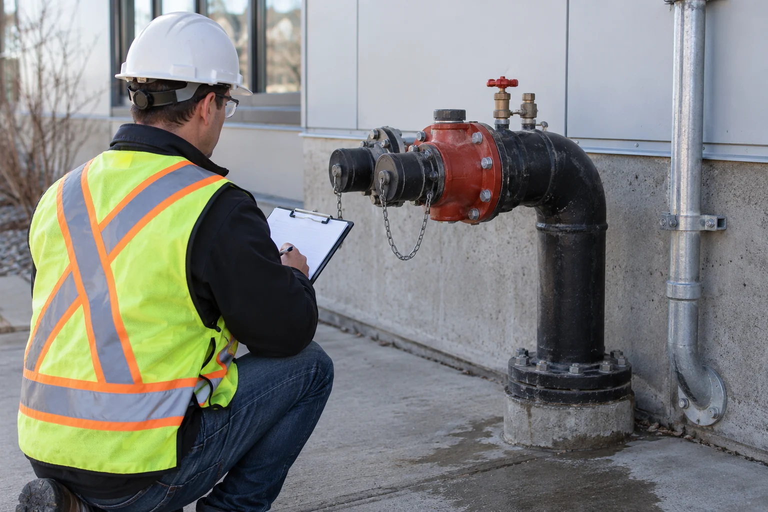 Illustrative Calgary a commercial facility manager reviewing a completed plumbing repair at a dry pipe connection with clipboard turned away so no text is visible.