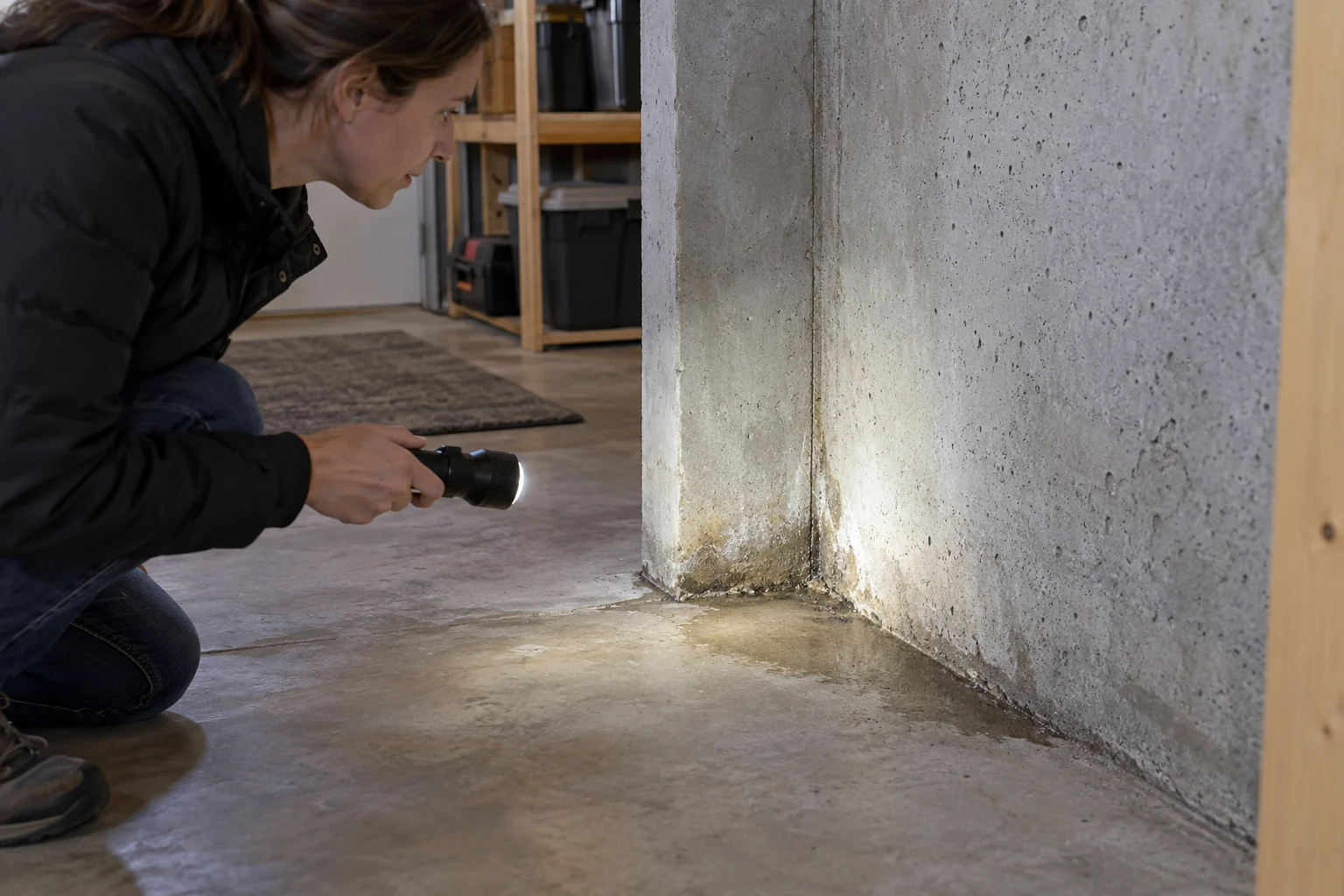 Homeowner inspecting dampness where a basement wall meets the floor