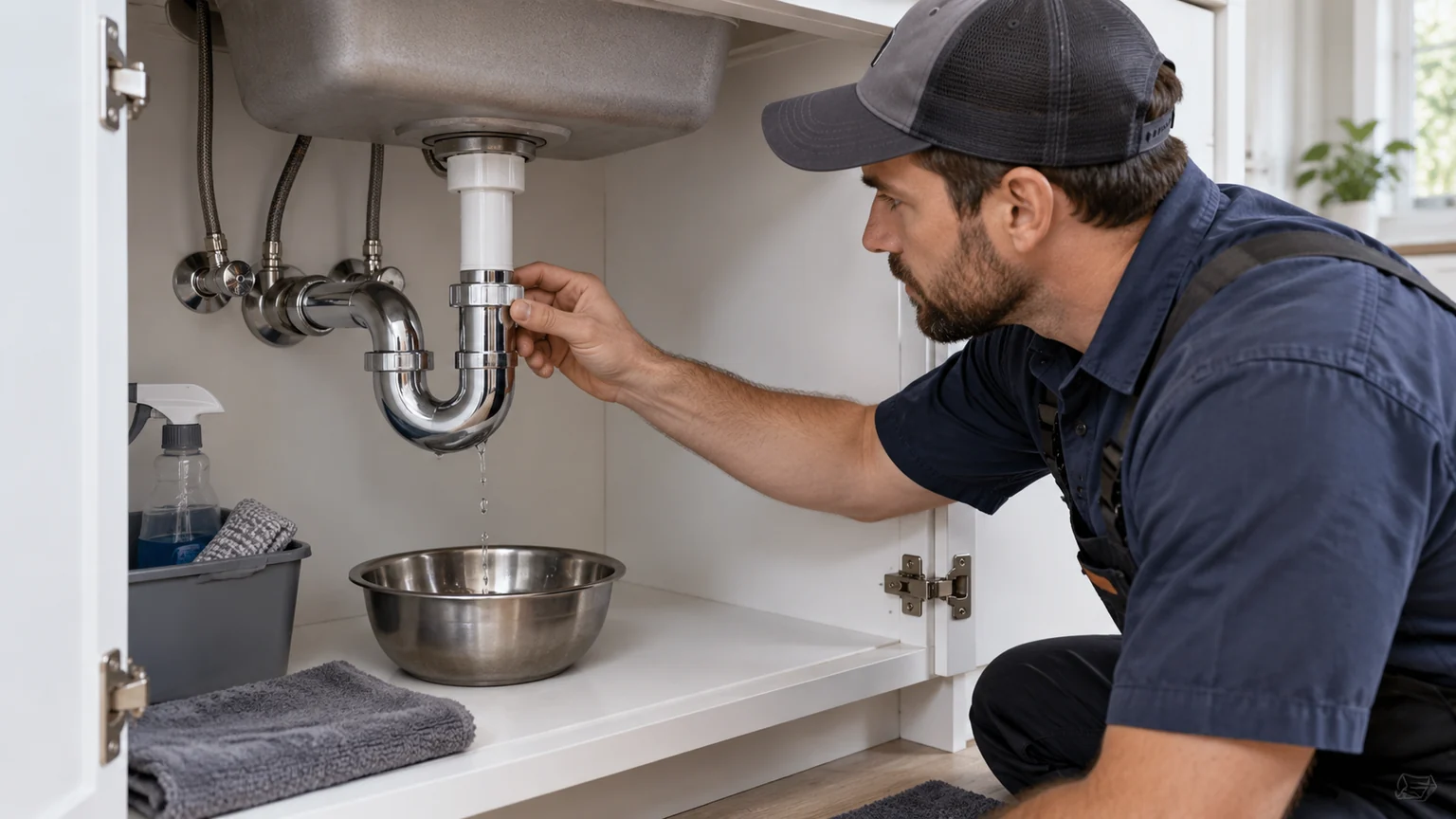 Plumber inspecting a dripping sink P-trap over catch bowl