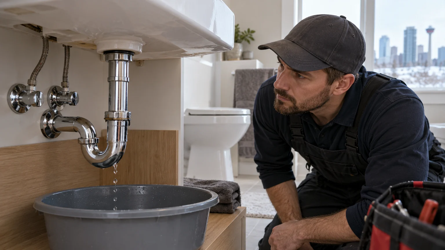Plumber watching drain pipe drip only as basin empties