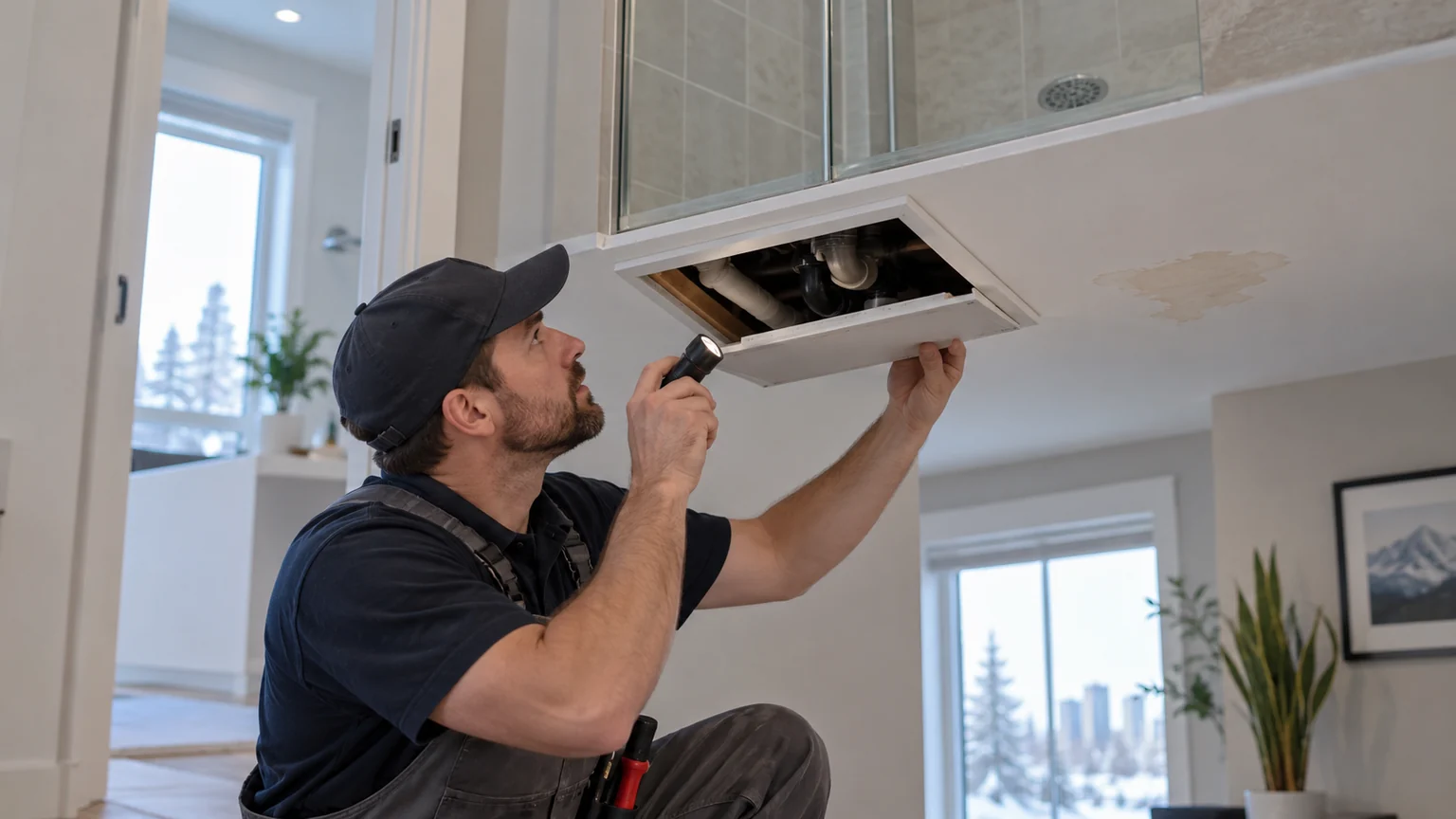 Plumber inspecting shower drain access and ceiling stain below