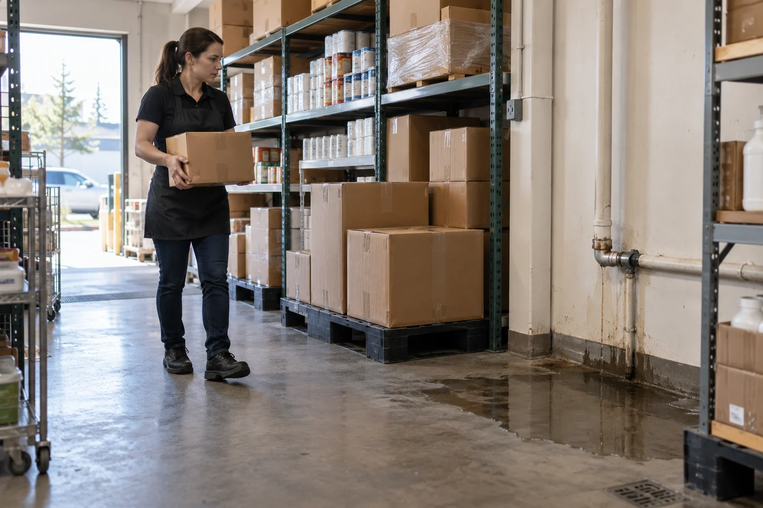 Illustrative Calgary retail stockroom with cardboard inventory elevated away from a modest plumbing leak near wall piping