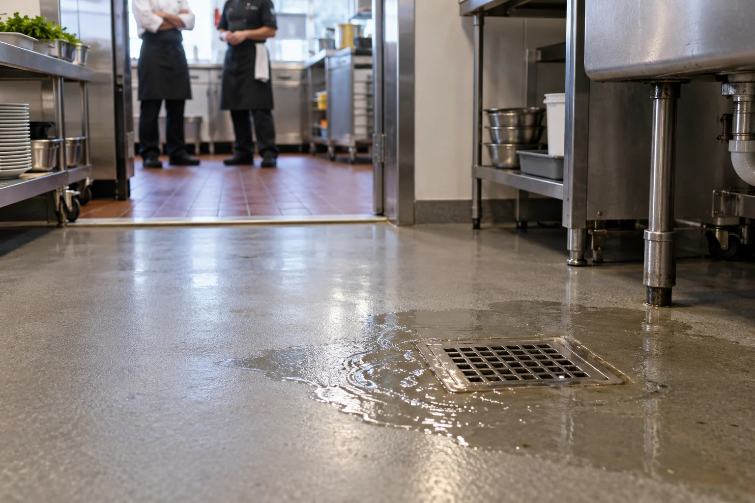 Illustrative Calgary a restaurant kitchen floor drain with a small wastewater backup confined near the drain