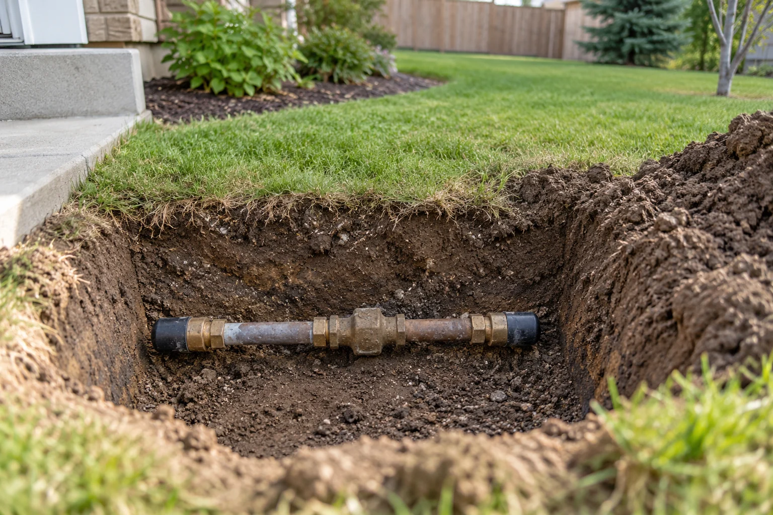 Short exposed water pipe section in a small yard excavation