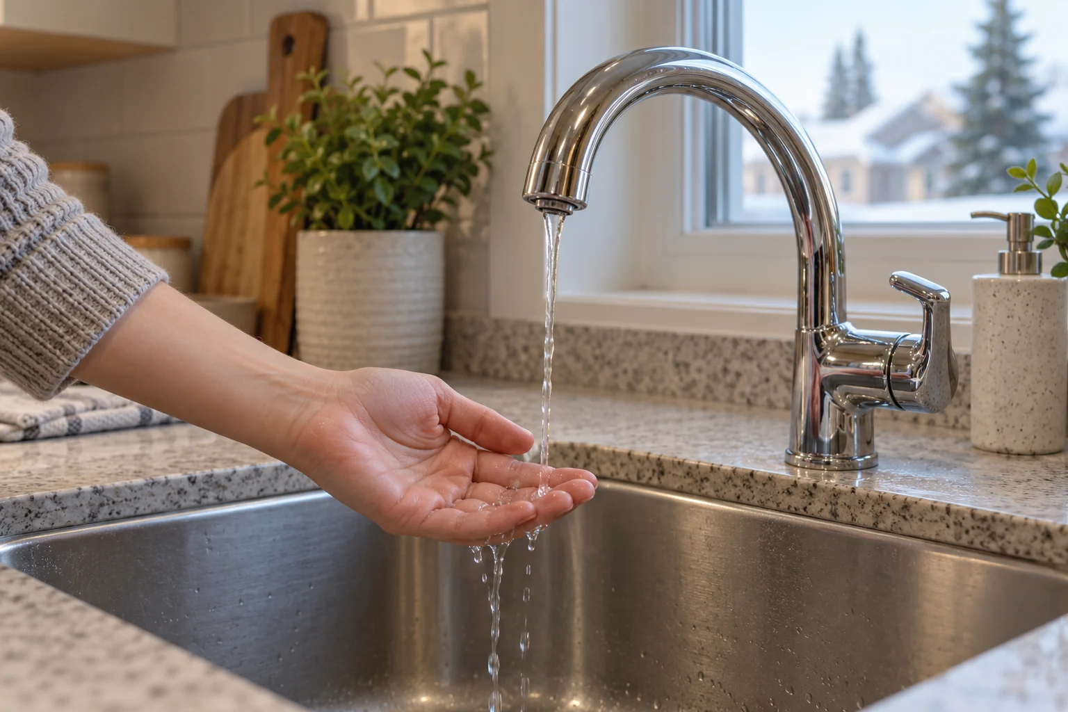 Thin low-pressure stream from a kitchen faucet into a sink
