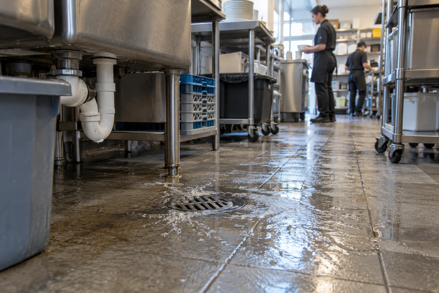 Illustrative Calgary a commercial floor drain in a busy restaurant utility area with modest overflow near the drain