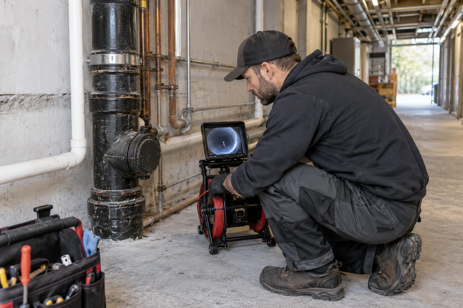 Illustrative Calgary a commercial drain cleanout and nearby pipework in a service corridor
