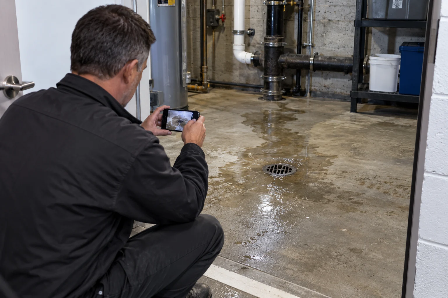 Illustrative Calgary facility manager photographing a sewage backup from a clean doorway in a commercial basement