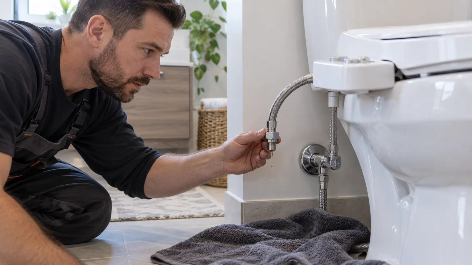 Plumber inspecting dripping bidet hose connection