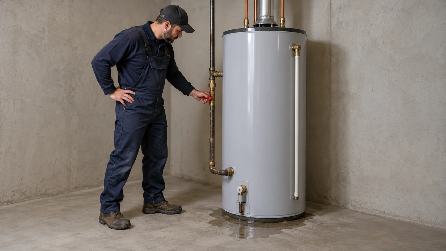 Plumber assessing isolated leaking hot water tank from dry floor