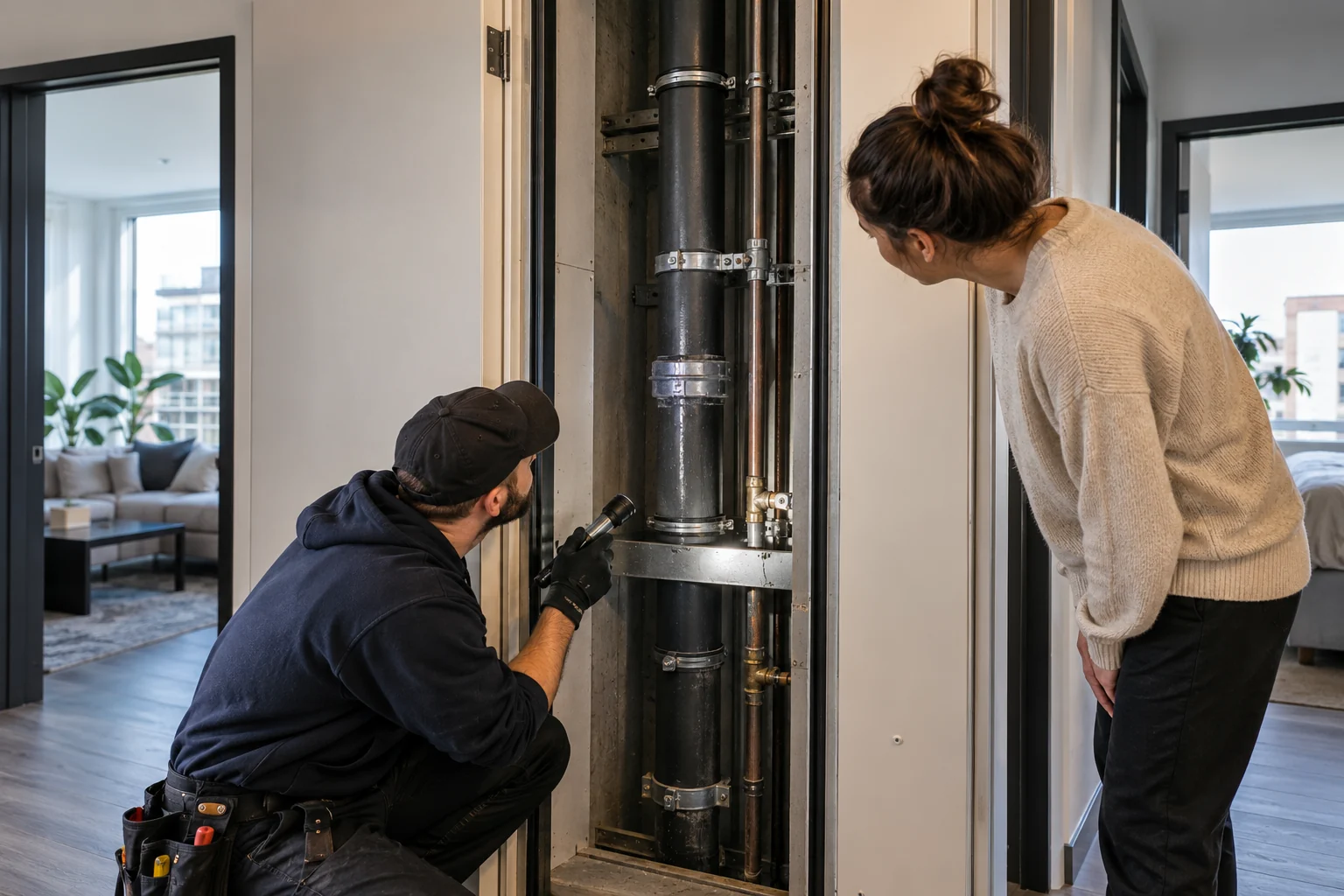 Illustrative Calgary a condo building vertical riser pipe in an accessible service shaft