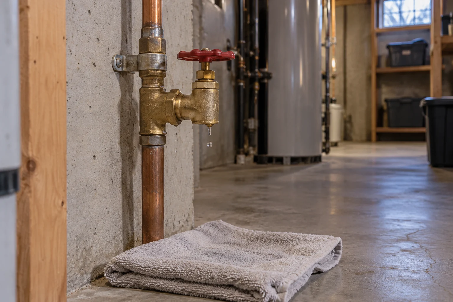 Brass shutoff valve dripping above a dry towel in a basement