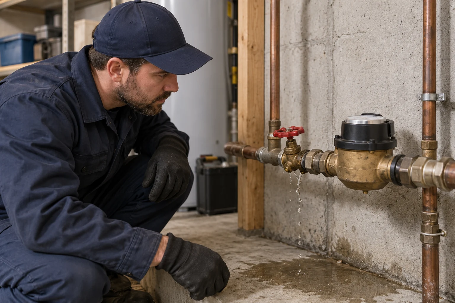 Plumber observing a dripping indoor shutoff valve near a water meter