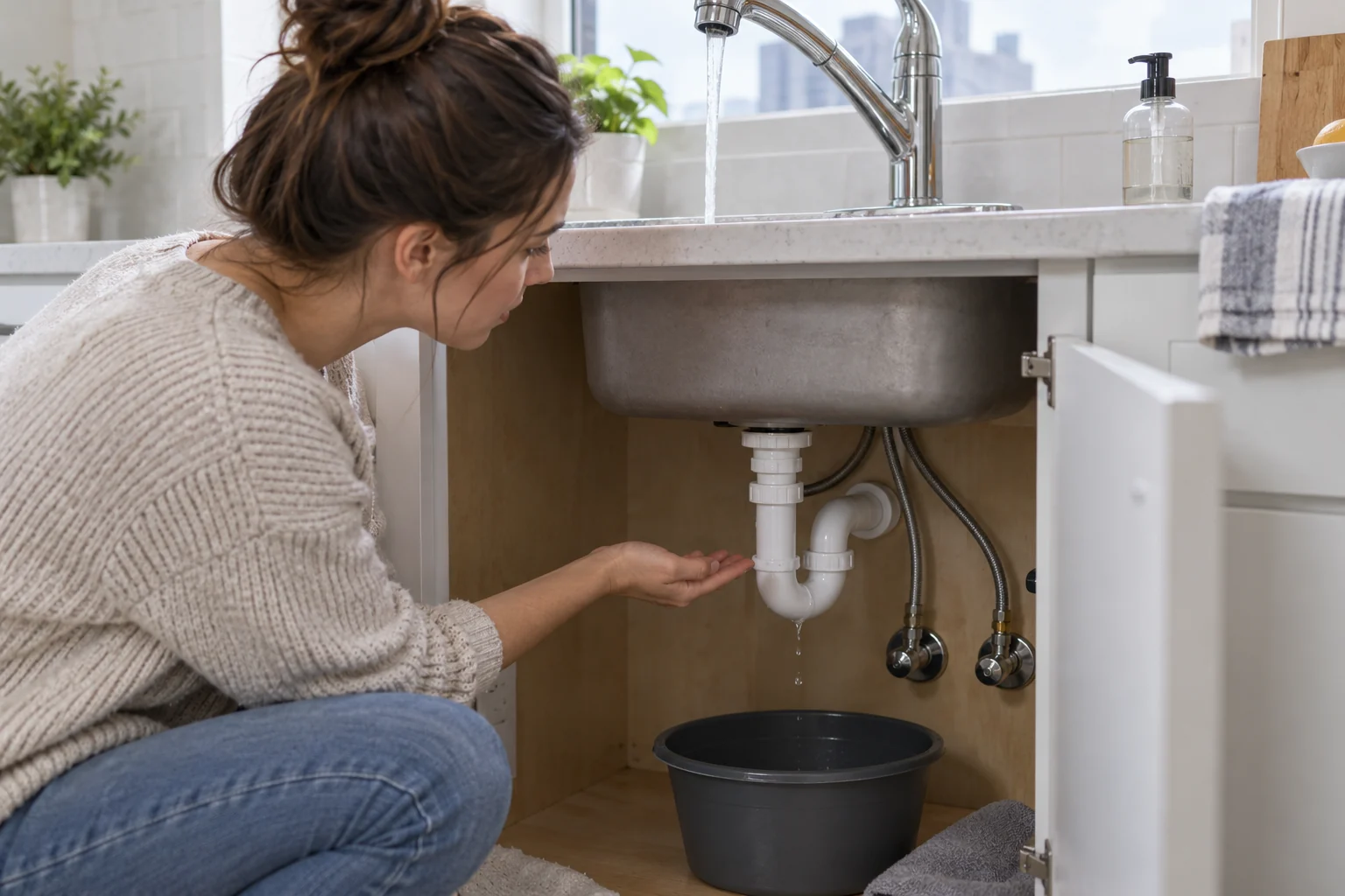 Small drip beneath a running kitchen sink into a catch bowl