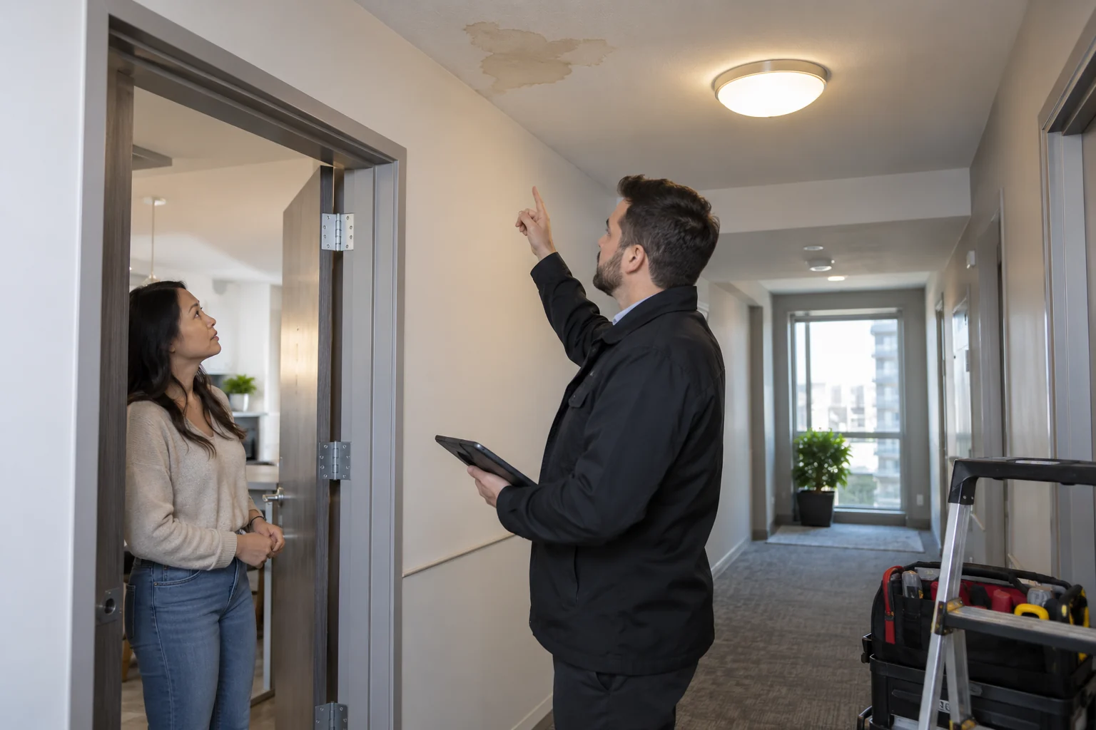 Illustrative Calgary condo hallway between two floors with a small water mark at ceiling below and a property manager coordinating access