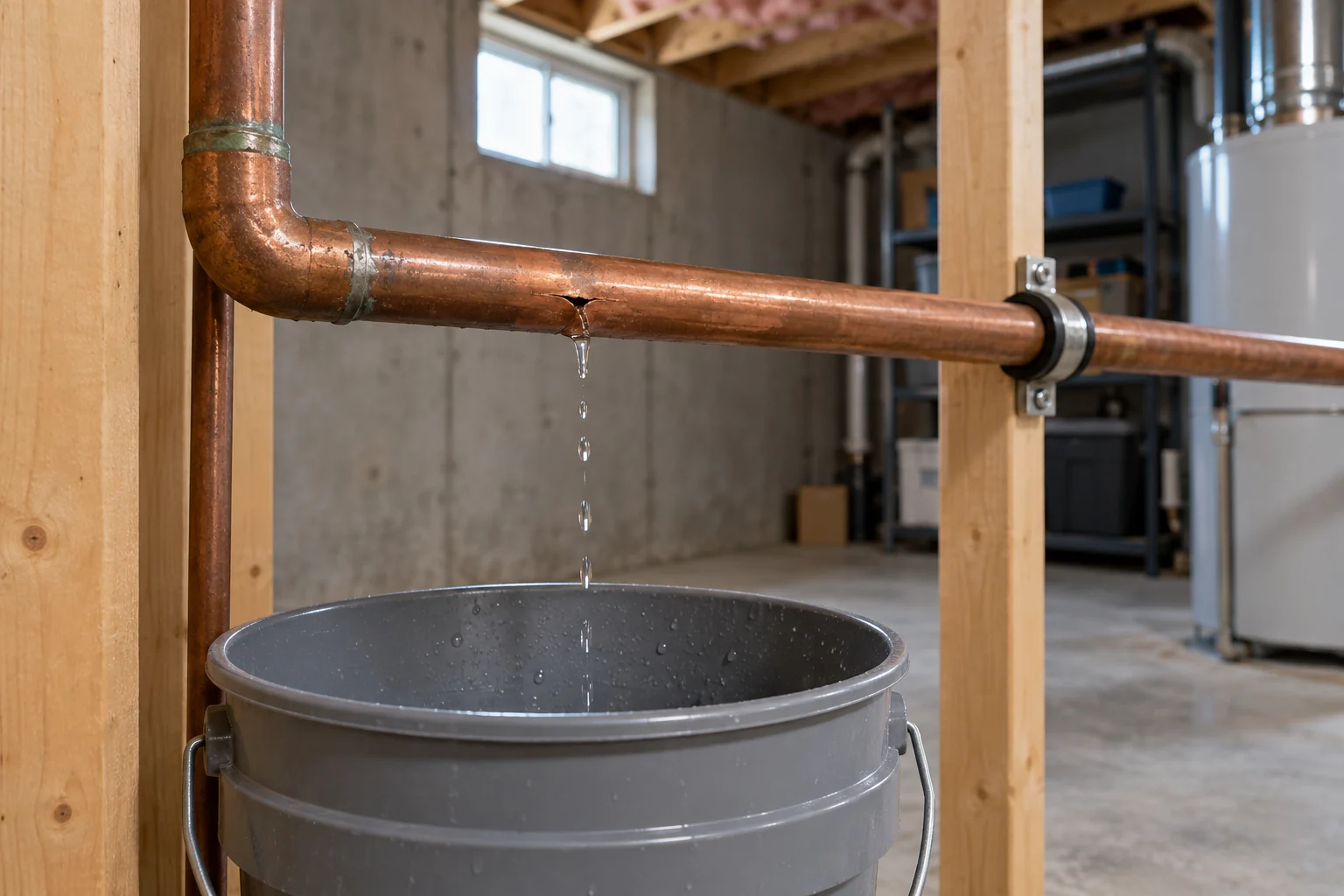 Cracked copper supply pipe dripping into a basement bucket
