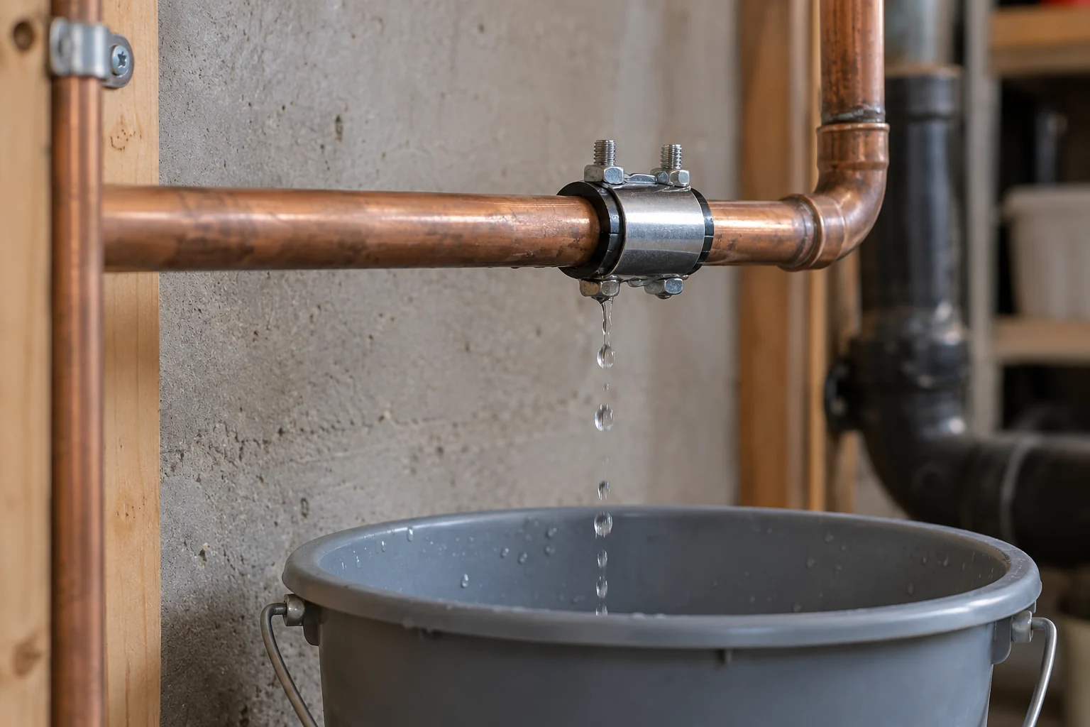 Temporary repair clamp around a dripping exposed copper pipe
