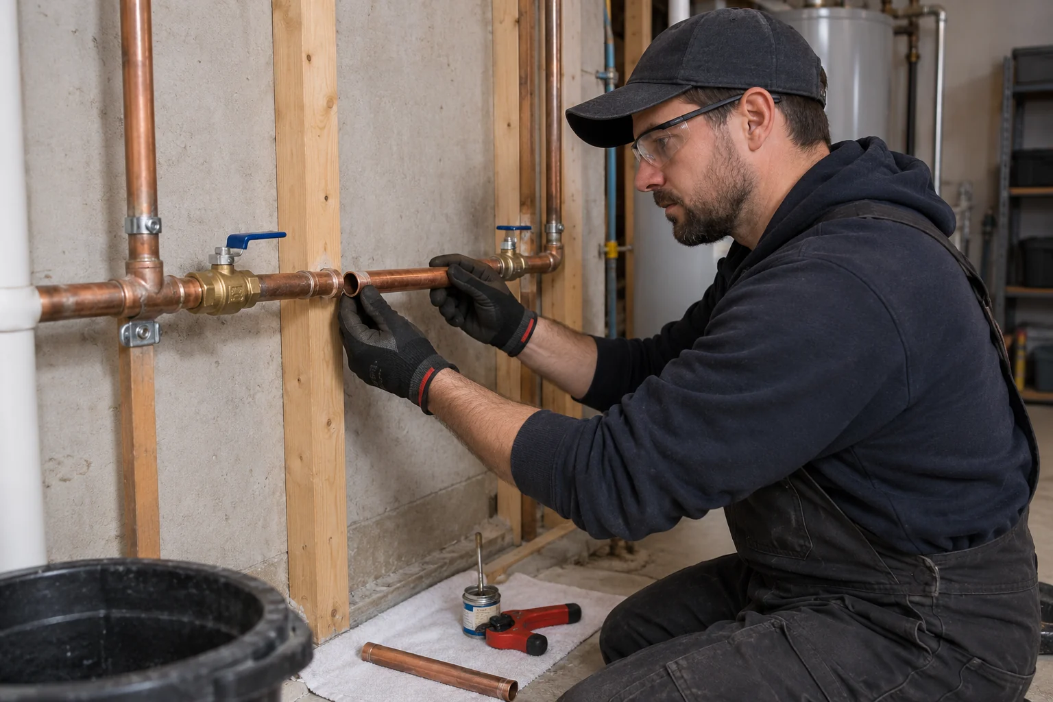 Plumber aligning a short copper pipe replacement in a basement