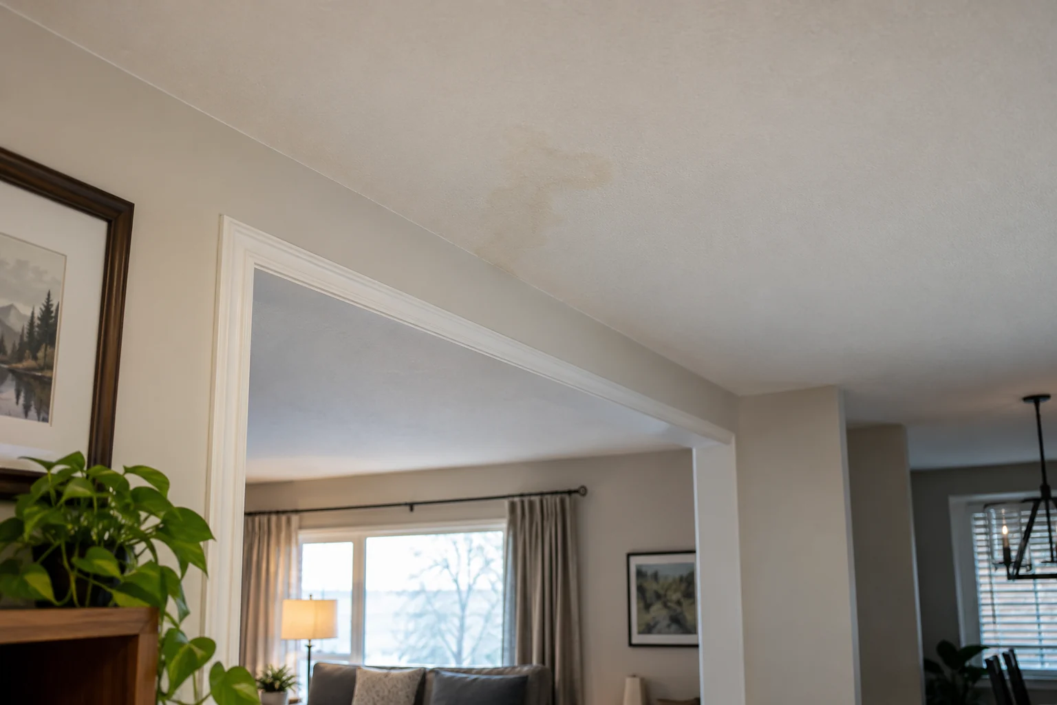 Faint ceiling water stain in a room beyond the visible pipe leak