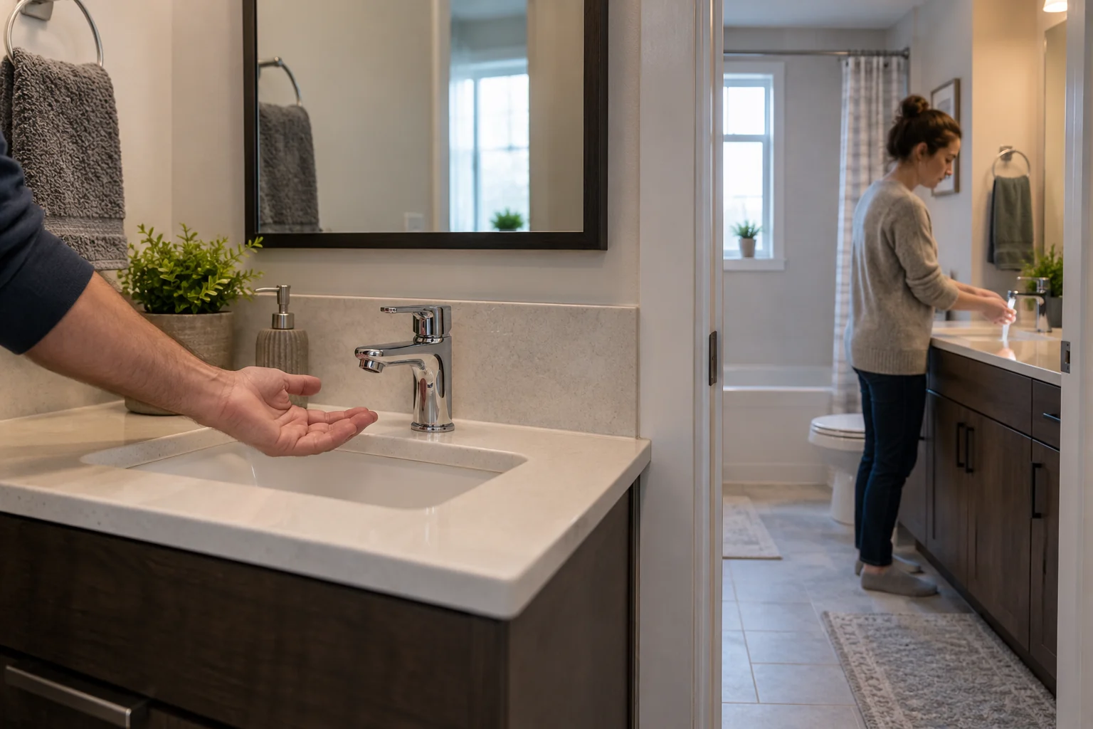 One bathroom faucet dry while another nearby faucet runs