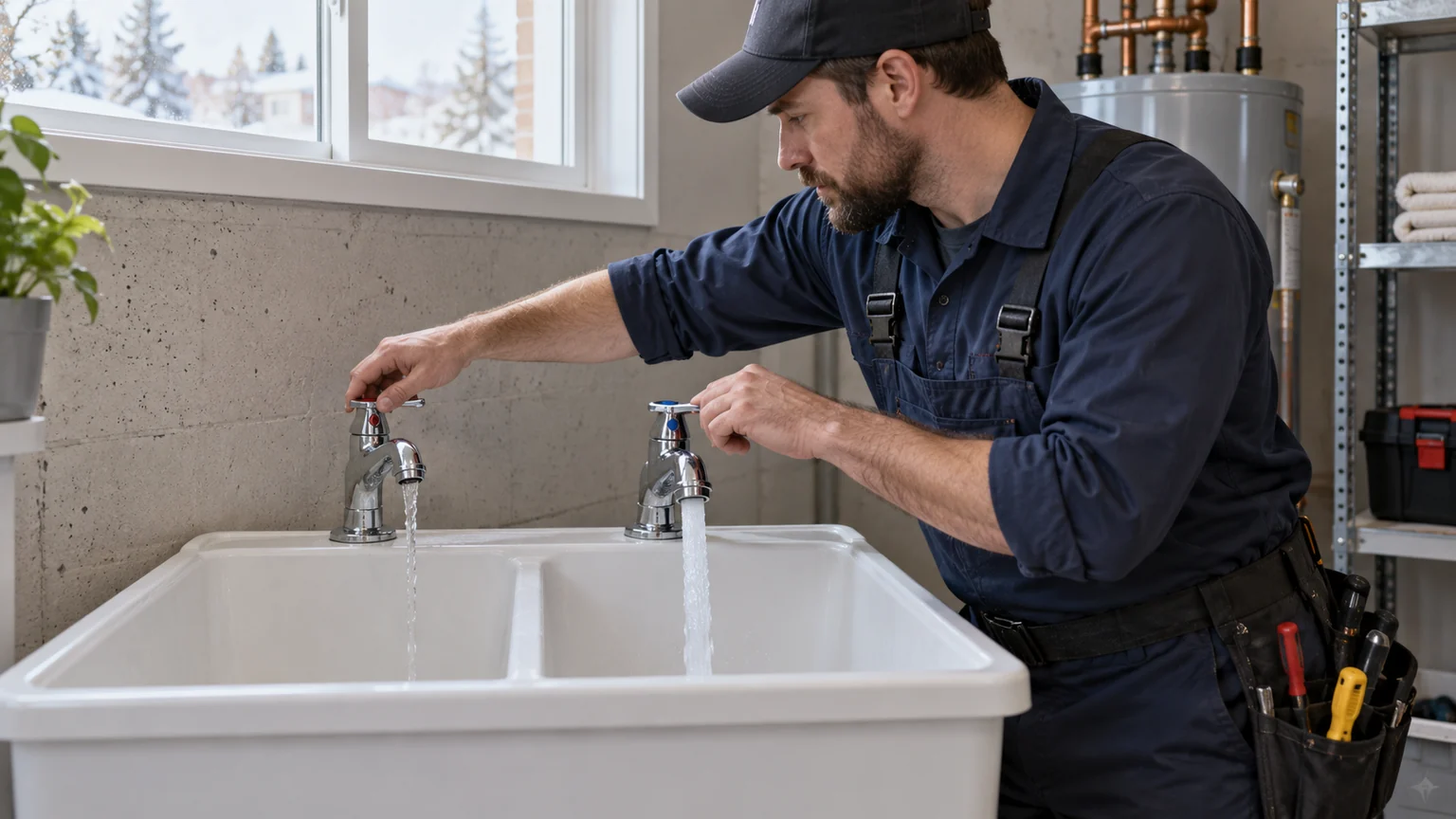 Plumber comparing hot and cold faucet pressure