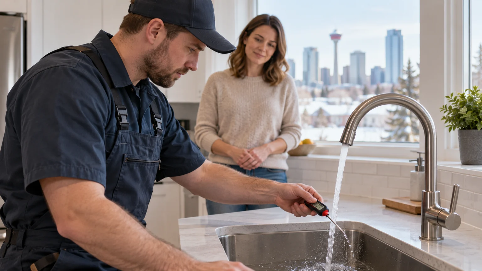 Plumber carefully checks hot water temperature at a sink